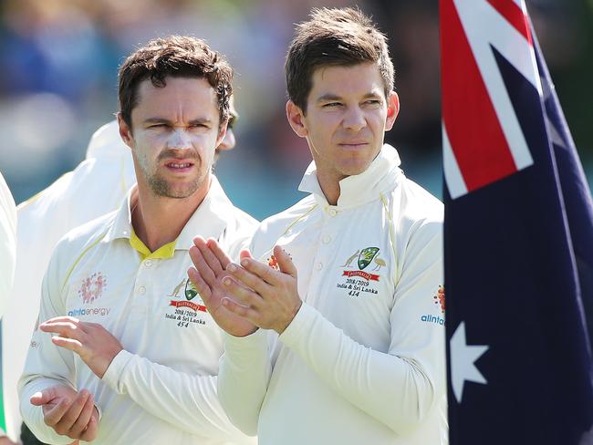 Travis Head (L) was in the middle of a press conference when the news broke that Tim Paine was standing down from the captaincy. Picture: Phil Hillyard