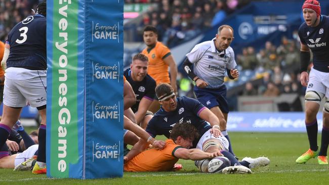 Michael Hooper was denied this try against Scotland. Picture: Stu Forster/Getty Images