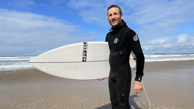 Damien Oliver surfing at Thirteenth Beach recently. Picture: Supplied.