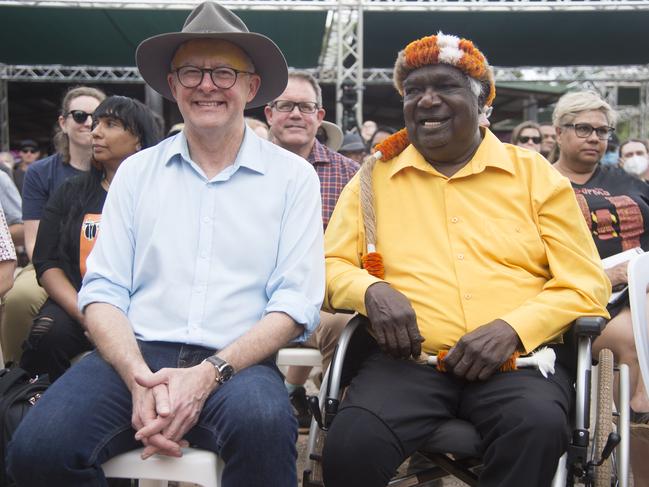 Prime Minister Anthony Albanese with Yothu Yindi Foundation Chair Galarrwuy Yunupingu the Garma Festival in northeast Arnhem Land, Northern Territory, Friday, July 29, 2022.