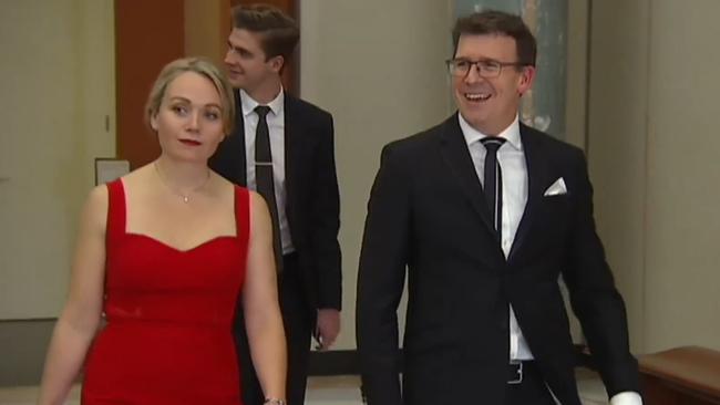 Federal member of Parliament Alan Tudge (right) arrives at the 2017 Mid-Winter Ball in the company of Liberal staffer Rachelle Miller, who he was having an affair with.