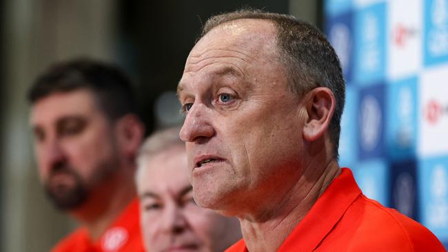 John Longmire speaks to media after announcing he had stepped down as Swans coach.