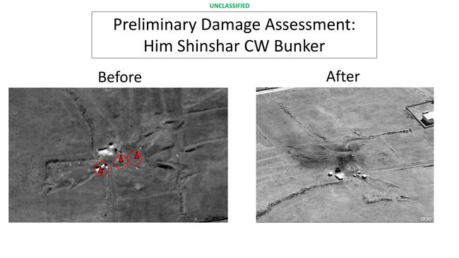 This image  presented at the Pentagon briefing on Saturday shows before and after images from the Him Shinshar Chemical Weapons Bunker in Syria.