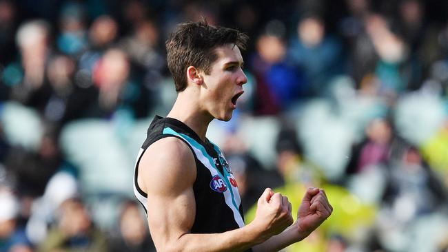 Connor Rozee celebrates a goal back in 2019. Picture: AAP Image/David Mariuz