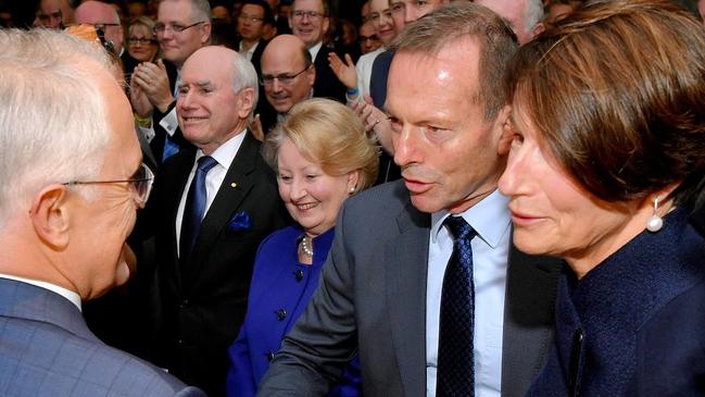 Malcolm Turnbull officially launches the Liberal 2016 federal campaign and greets ex-PMs Tony Abbott and John Howard and their wives Margie and Janette. Picture: Jason Edwards