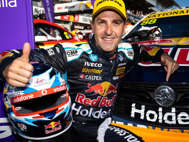 ADELAIDE, AUSTRALIA - FEBRUARY 22: (EDITORS NOTE: A polarizing filter was used for this image.) Jamie Whincup driver of the #88 Red Bull Holden Racing Team Holden Commodore ZB celebrates after winning race 1 of round 1 of the 2020 Supercars Championship the Adelaide 500 on February 22, 2020 in Adelaide, Australia. (Photo by Daniel Kalisz/Getty Images)