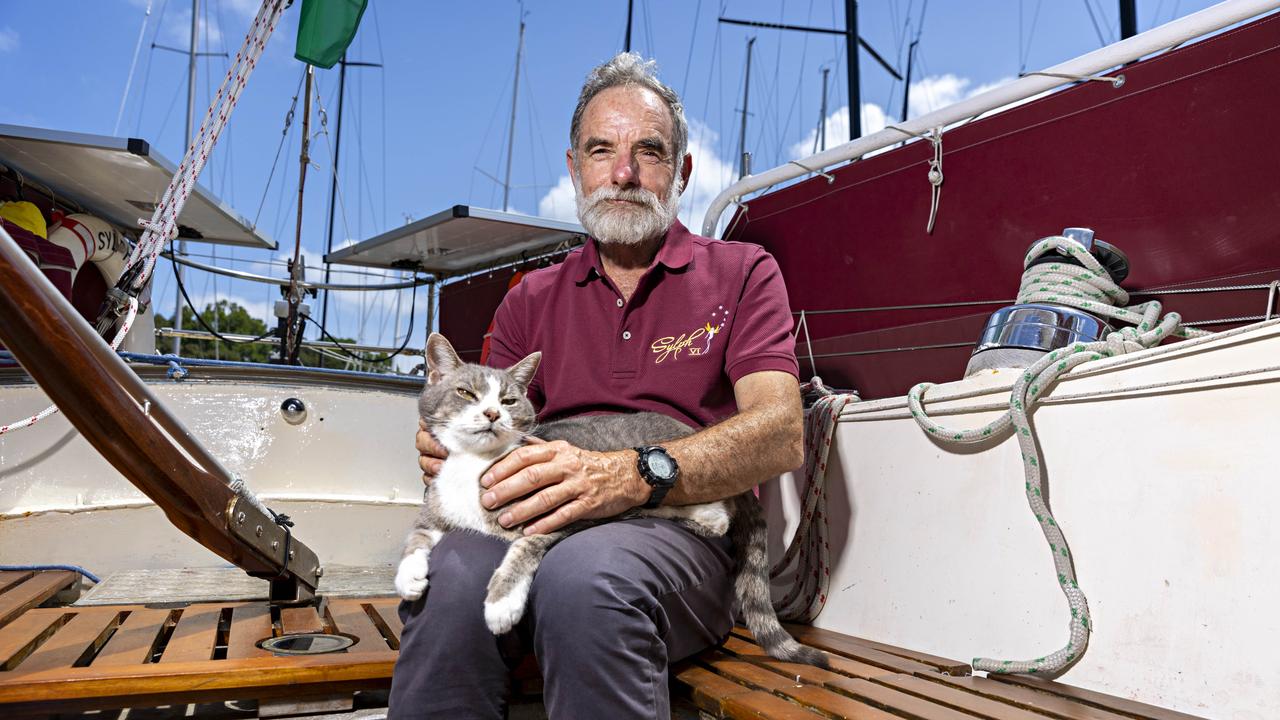 SYDNEY, AUSTRALIA, NOVEMBER 22, 2023. Sylph VI skipper and owner Robert â&#128;&#152;Bobâ&#128;&#153; Williams with his cat Oli who will sail with Bob in the Sydney to Hobart yacht race on board Sylph VI. Photographer: Adam Yip