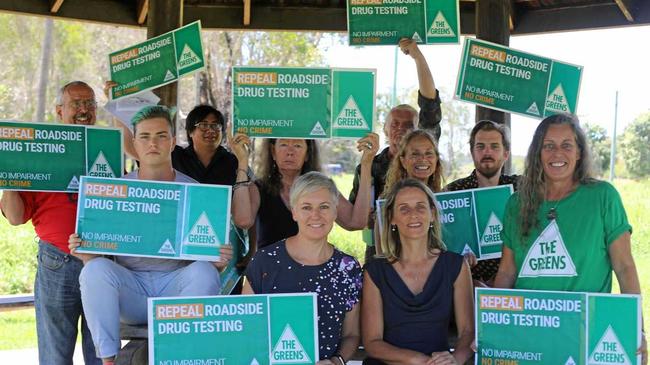 The Greens' Lismore candidate Sue Higginson and MP Cate Faehrmann with supporters of their party's drug reform plans. Picture: Liana Turner