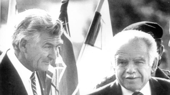 Then prime minister Bob Hawke meets his Israeli counterpart Yitzhak Shamir in 1987. It may be worth noting the guidance from former Labor PM Bob Hawke, who said ‘if the bell tolls for Israel, it won’t just toll for Israel, it will toll for all mankind‘. Picture: AP