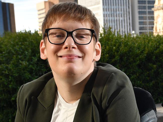 Dignity Party MP Kelly Vincent poses for a photograph at work in Waymouth Street, Adelaide on Wednesday the 18th of April 2018. A story for the NDIS. (AAP/ Keryn Stevens)