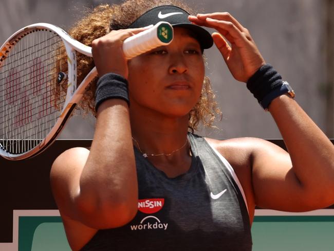 ROME, ITALY - MAY 12: Naomi Osaka of Japan looks dejected on day 5 of the the Internazionali BNL dÃ¢â¬â¢Italia match between Naomi Osaka of Japan and Jessica Pegula of USA at Foro Italico on May 12, 2021 in Rome, Italy. Sporting stadiums around Italy remain under strict restrictions due to the Coronavirus Pandemic as Government social distancing laws prohibit fans inside venues resulting in games being played behind closed doors. (Photo by Clive Brunskill/Getty Images)