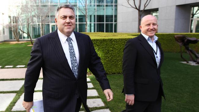 Opposition Treasurer Joe Hockey with his then media advisor Nigel Blunden in 2011.