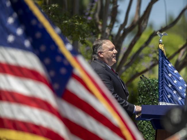 US Secretary of State Mike Pompeo delivers a speech on Communist China and the future of the free world at the Richard Nixon Presidential Library. Picture: Getty Images