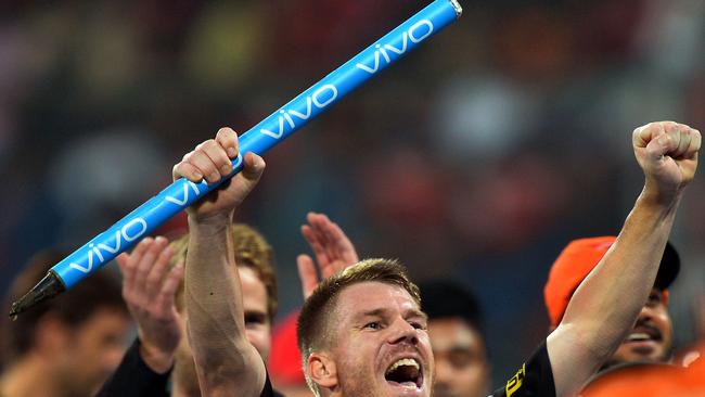 David Warner celebrates winning last year’s IPL title.