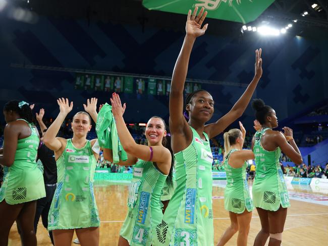 PERTH, AUSTRALIA - JUNE 30: Shanice Beckford of the Fever acknoladges the crowd after the win during the round 12 Super Netball match between West Coast Fever and Giants Netball at RAC Arena, on June 30, 2024, in Perth, Australia. (Photo by James Worsfold/Getty Images)