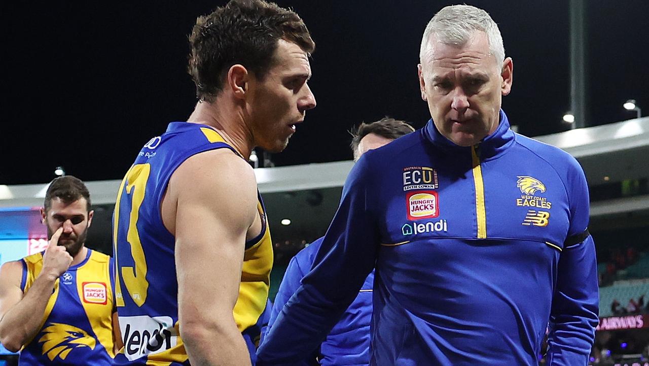 Eagles captain Luke Shuey and head coach Adam Simpson are under the gun after last week’s 171-point loss. Picture: Mark Metcalfe/AFL Photos/via Getty Images