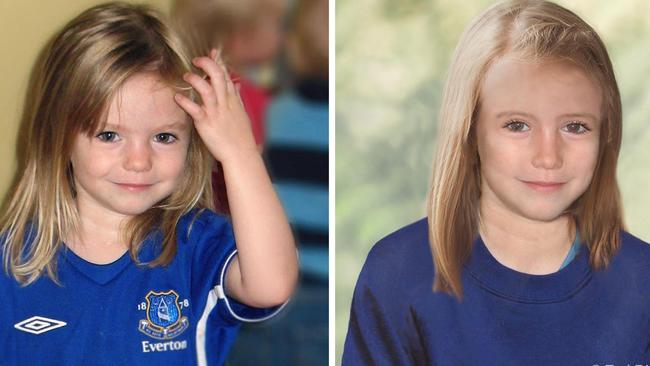 Composite photos showing three-year-old Madeine McCann, left, with a computer generated age progression image of the missing child as she might look now, right. Picture: AP