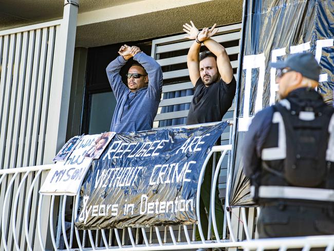 Refugee protest at Central Hotel and Apartments, Kangaroo Point, Sunday, July 19, 2020 – Picture: Richard Walker