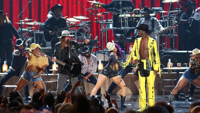 Billy Ray Cyrus, left, and Lil Nas X perform at the 2019 BET awards last month.