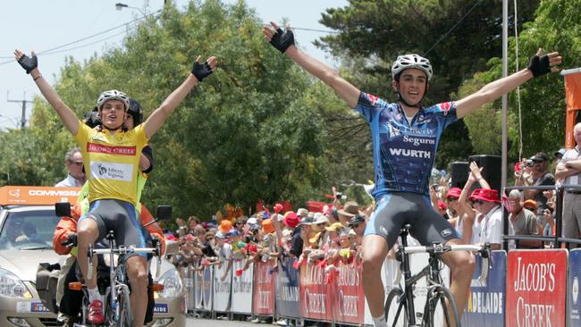 Alberto Contador (right) after winning stage from teammate Luis Sanchez in 2005.