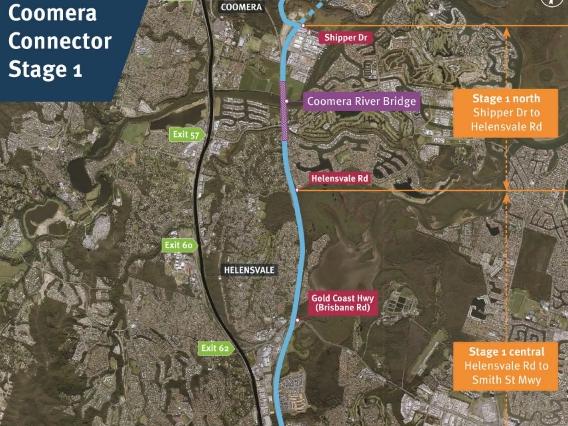 Map of the first stage of the Coomera Connector from Nerang to Coomera.