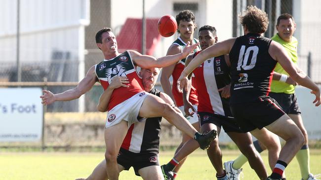 Cutters' Curtis Allen loses the ball in a tackle in the AFL Cairns seniors match between the Cairns Saints and the South Cairns Cutters, held at Griffiths Park, Manunda. Picture: Brendan Radke