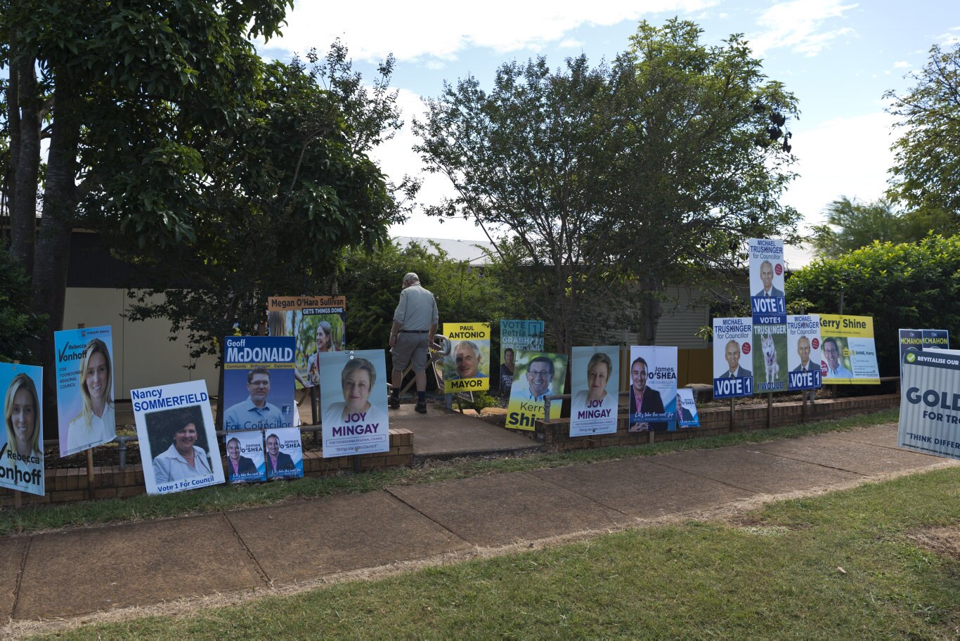 Candidates corflutes are seen at Gabbinbar State School polling booth on Toowoomba Regional Council local government election day, Saturday, March 28, 2020. Picture: Kevin Farmer