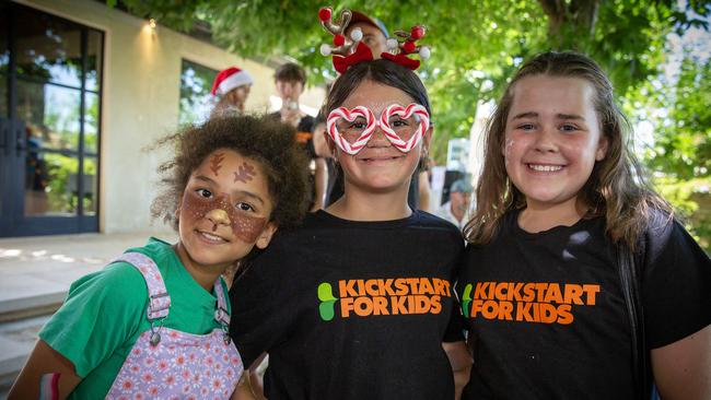 Ansam 8yrs, Tahneisha 11yrs and Lola 11yrs at KickStart For Kids Christmas Party hosted by Bird In Hand Winery in Woodside, SA. Picture: Emma Brasier