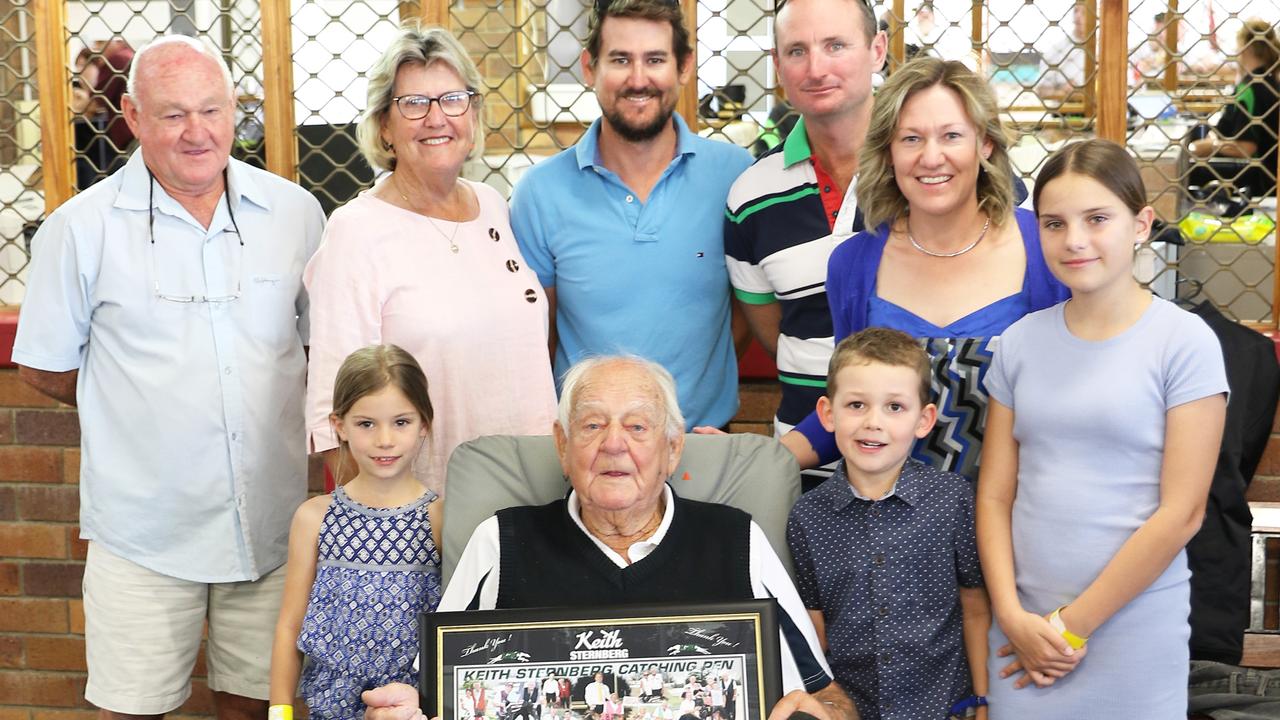 Ipswich Greyhound Racing Club legend Keith Sternberg with family and friends. Picture: justgreyhoundphotos.com.au