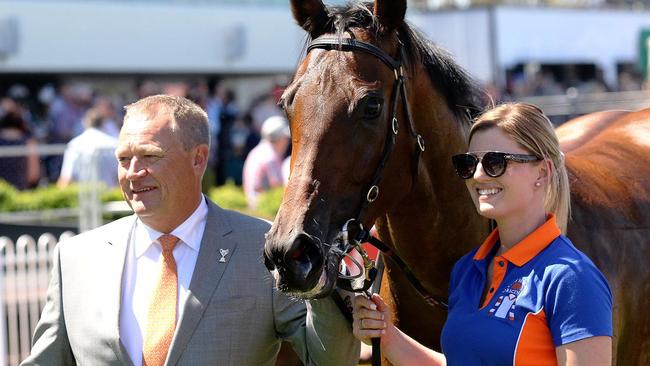 Tony McEvoy (left) and Sarah Rutten (right) pose with Sunlight. Picture: Darryl Sherer