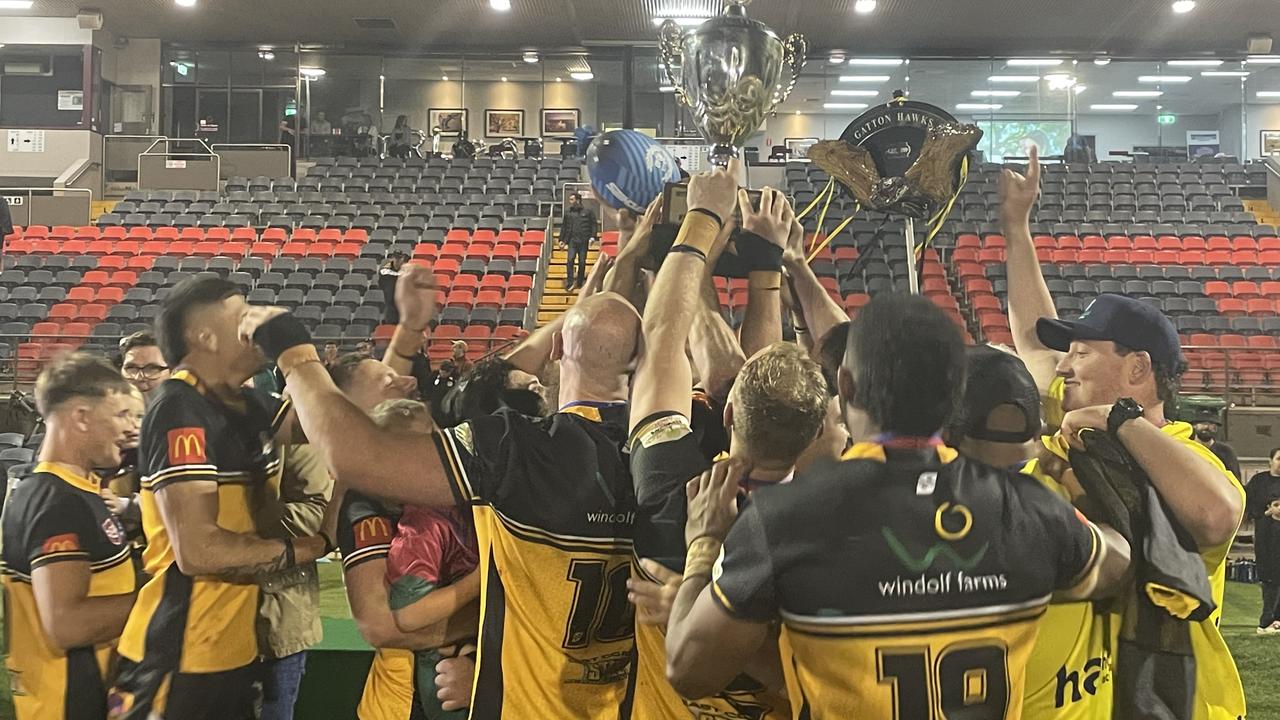 Gatton Hawks celebrate their 2024 Toowoomba Rugby League grand final win.