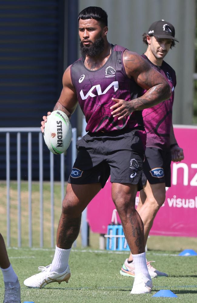 Payne Haas training with the Broncos on the opening day of their pre-season. Picture: Nigel Hallett