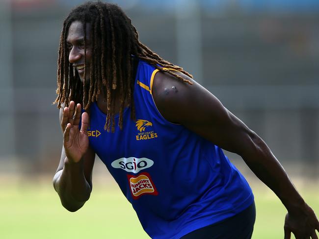 PERTH, AUSTRALIA - NOVEMBER 20:  Nic Naitanui of the Eagles warms up during a West Coast Eagles AFL training session at Lathlain Park on November 20, 2017 in Perth, Australia.  (Photo by Paul Kane/Getty Images)