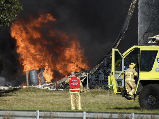 Nearly a quarter of the entire Fire Rescue Victoria fleet responded to the chemical factory blaze in Derrimut. Picture: Andrew Henshaw