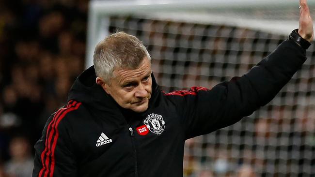 Manchester United's Norwegian manager Ole Gunnar Solskjaer reacts at the final whistle during the English Premier League football match between Watford and Manchester United at Vicarage Road Stadium in Watford, southeast England, on November 20, 2021. (Photo by Ian KINGTON / AFP) / RESTRICTED TO EDITORIAL USE. No use with unauthorized audio, video, data, fixture lists, club/league logos or 'live' services. Online in-match use limited to 120 images. An additional 40 images may be used in extra time. No video emulation. Social media in-match use limited to 120 images. An additional 40 images may be used in extra time. No use in betting publications, games or single club/league/player publications. /