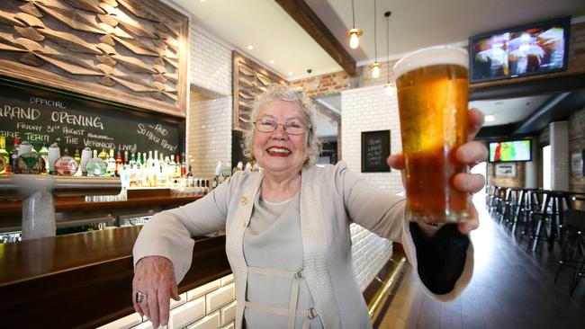 Merle Thornton enjoying a beer in the front bar of the Regatta Hotel. Pic Peter Wallis