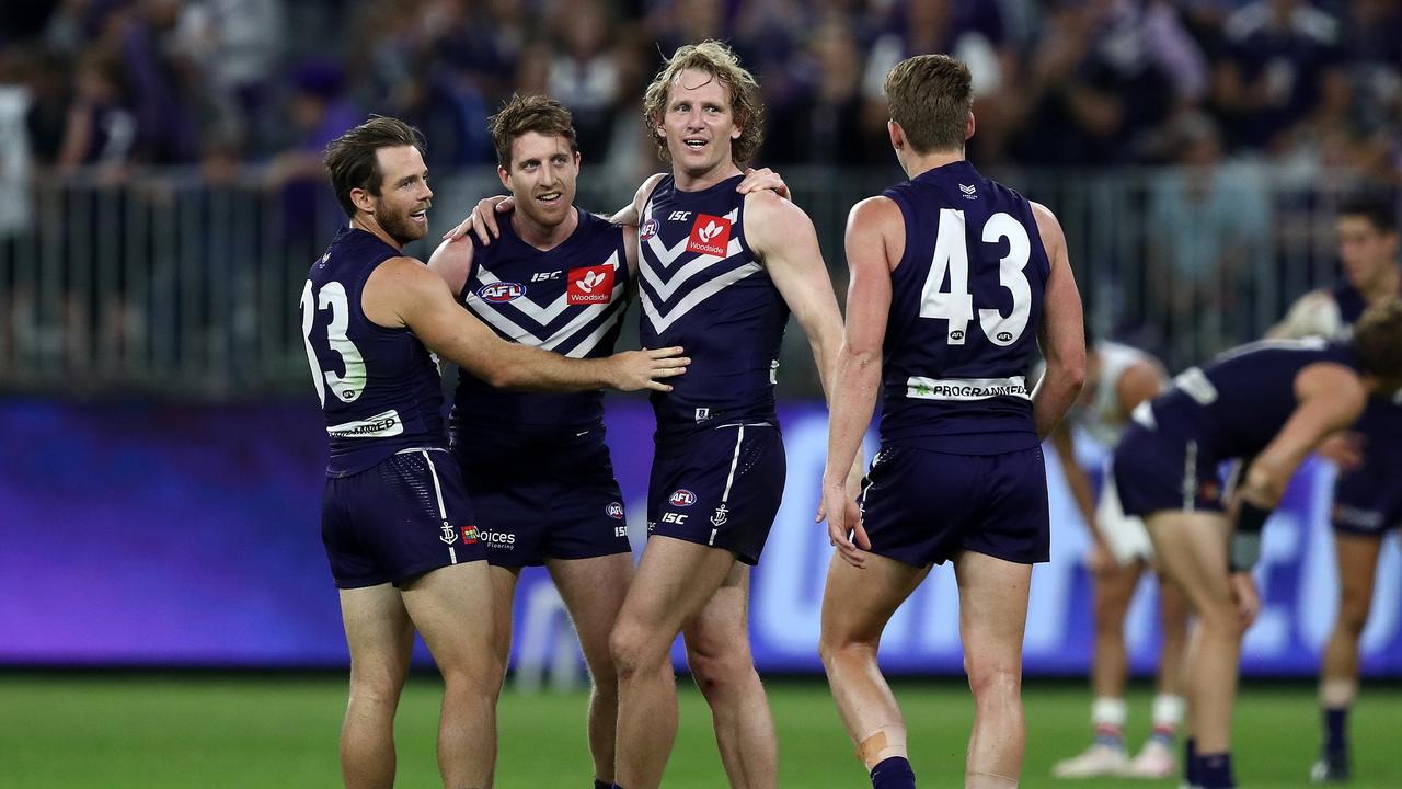 Fremantle celebrate their win over the Western Bulldogs in Round 6. Photo: Gary Day/AAP Image.