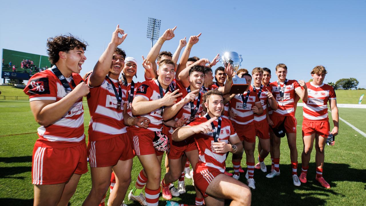 Palm Beach Currumbin celebrate winning the NRL Schoolboy Cup grand final against Kirwan SHS at Bokarina. Picture Lachie Millard