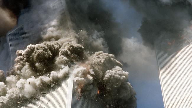 The south tower of the World Trade Center begins to collapse. Picture: AP/Gulnara Samoilova)