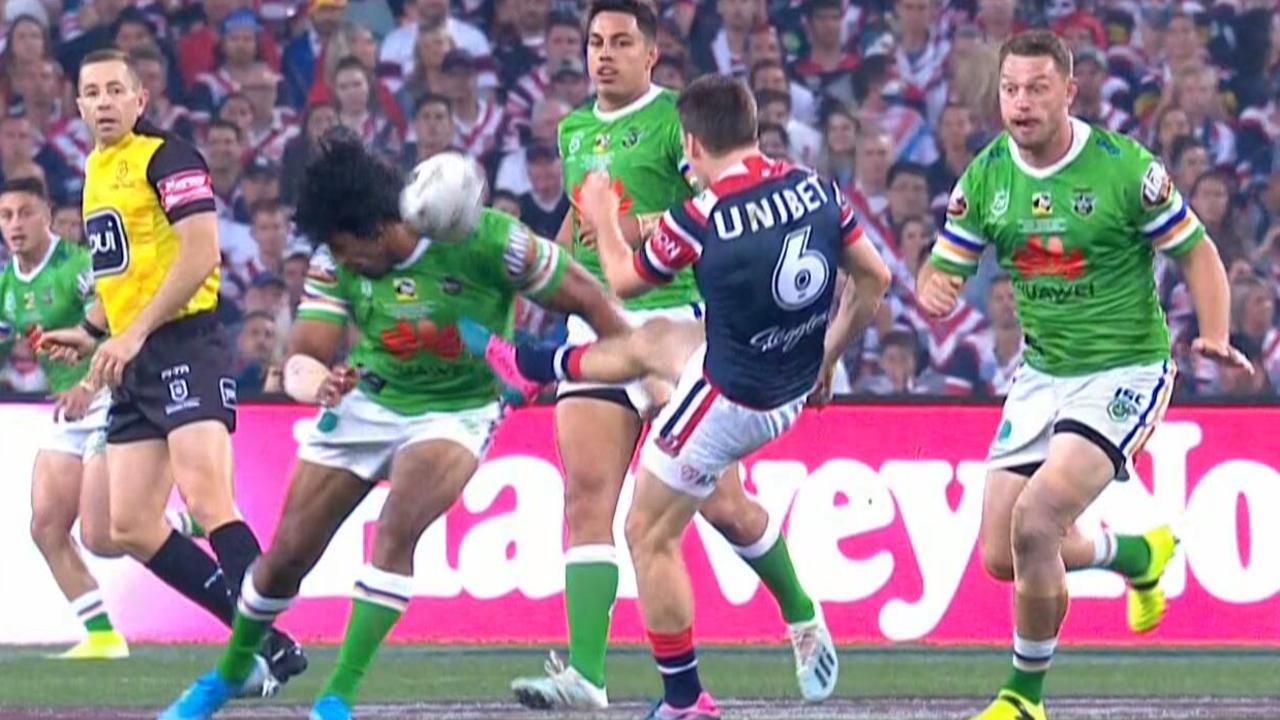 Sia Solioala’s charge down hit the Roosters’ trainer in the head.