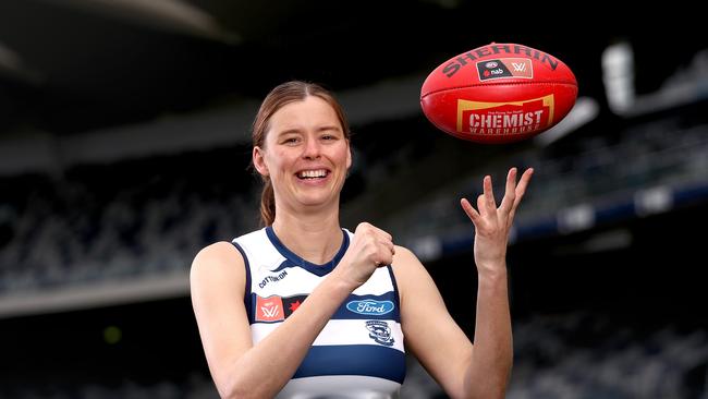 GEELONG, AUSTRALIA – APRIL 05: Erin Hoare of Geelong poses for a portrait during a Geelong AFLW Draft Media Opportunity at GMHBA Stadium on April 05, 2023 in Geelong, Australia. (Photo by Kelly Defina/AFL Photos/via Getty Images)