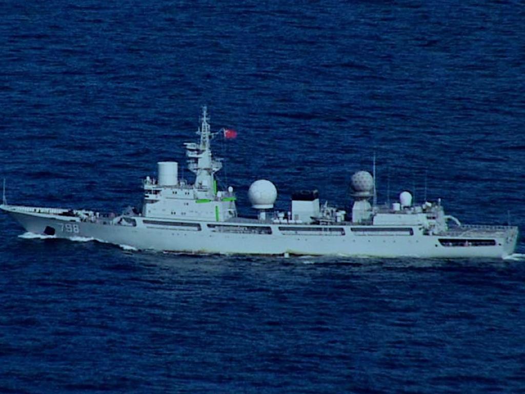 The PLA Navy General Intelligence Ship Yuhengxing operating off Australia’s east coast in August 2021. The green crosshair is a standard feature of ADF imaging equipment. Picture: Australian Department of Defence