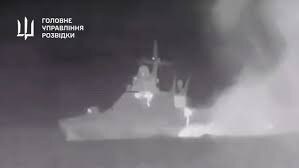 Ukraine's defence ministry posted a video purporting to show the destruction of the Russian warship Sergey Kotov. Picture: Defence Ministry of Ukraine