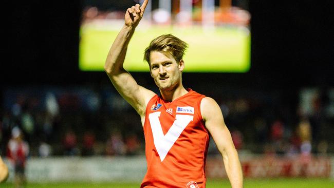 Lewis Hender celebrates a goal for North Adelaide. Picture: Morgan Sette