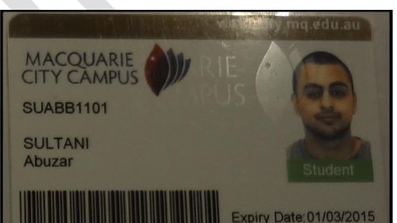 Sultani's student card for Macquarie University.