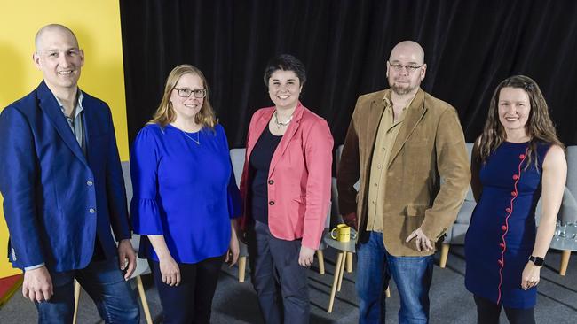 Leading Fearless Conservations on sustainability and environmental charge are, from left, Dr. Ben Heard, Laura Trotta, Kyra Reznikov, Professor Corey Bradshaw and facilitator Clare Peddie. Picture: Roy Van Der Vegt