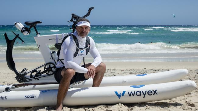 Daredevil Damien Rider is back on the Gold Coast and Bondi bound, in an epic re-creation of his paddling feat a decade ago. Picture: Glenn Campbell