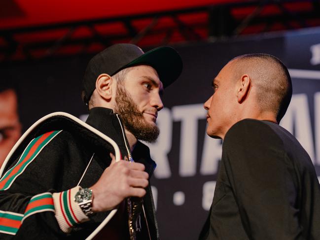 Tim Tszyu comes face to face with Bakhram Murtazaliev. Picture: Johnny Garcia