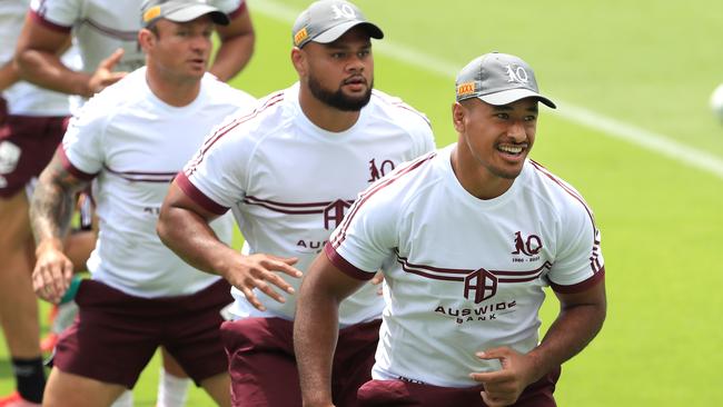 Felise Kaufusi and the Queensland Origin team train at Cbus Stadium on the Gold Coast ahead Picture: Adam Head