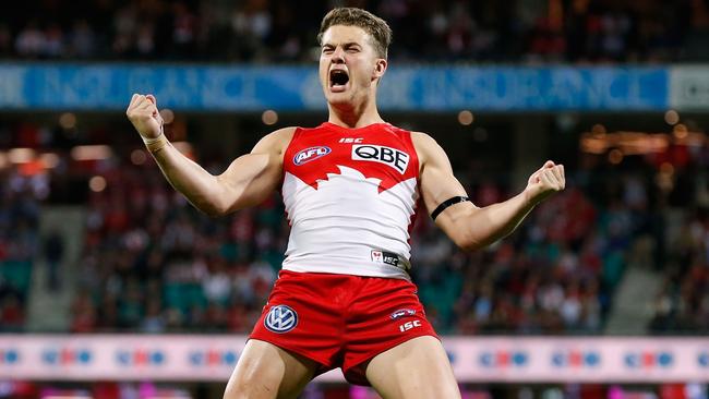 Tom Papley celebrates a goal for the Sydney Swans. Picture: Getty Images